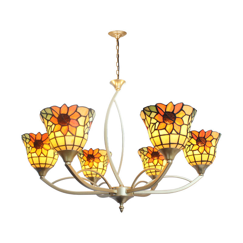 Tiffany Sunflower/Leaf Chandelier Light Fixture - 6/8 Lights White/Orange For Living Room