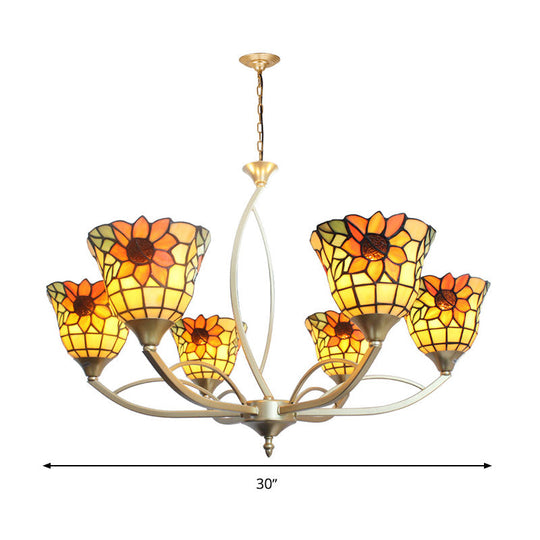 Tiffany Sunflower/Leaf Chandelier Light Fixture - 6/8 Lights White/Orange For Living Room