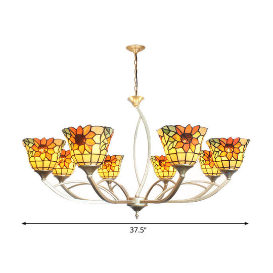 Tiffany Sunflower/Leaf Chandelier Light Fixture - 6/8 Lights White/Orange For Living Room