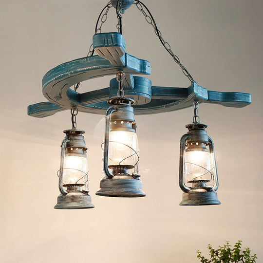 Industrial Blue Pendant Chandelier With Kerosene Clear Glass Shade - 3 Lights For Living Room
