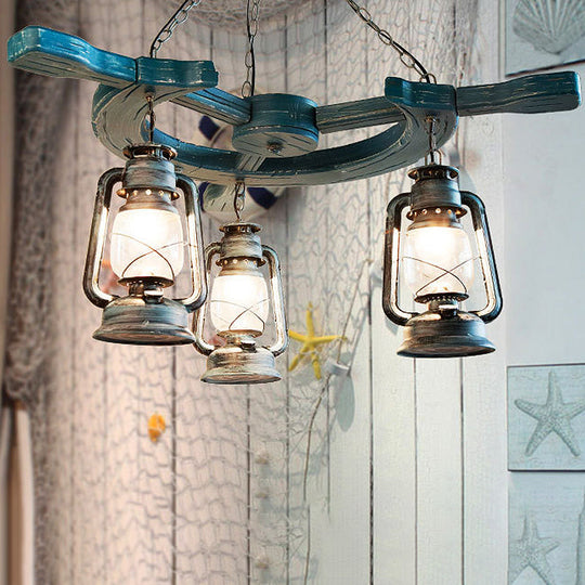 Industrial Blue Pendant Chandelier With Kerosene Clear Glass Shade - 3 Lights For Living Room
