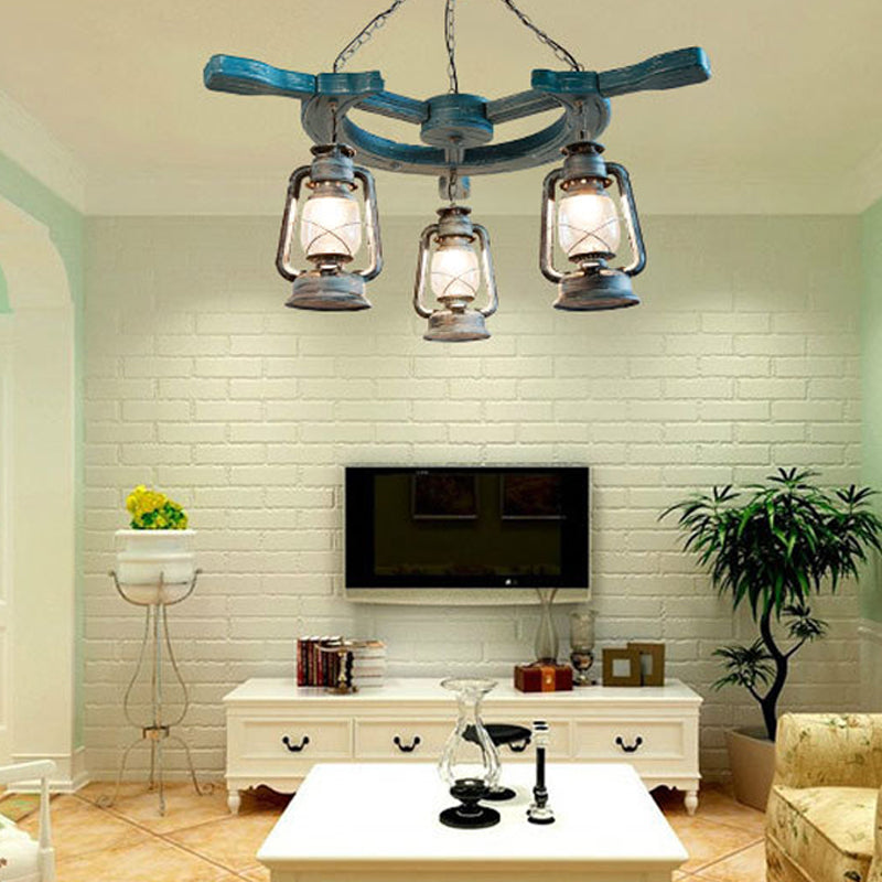 Industrial Blue Pendant Chandelier With Kerosene Clear Glass Shade - 3 Lights For Living Room