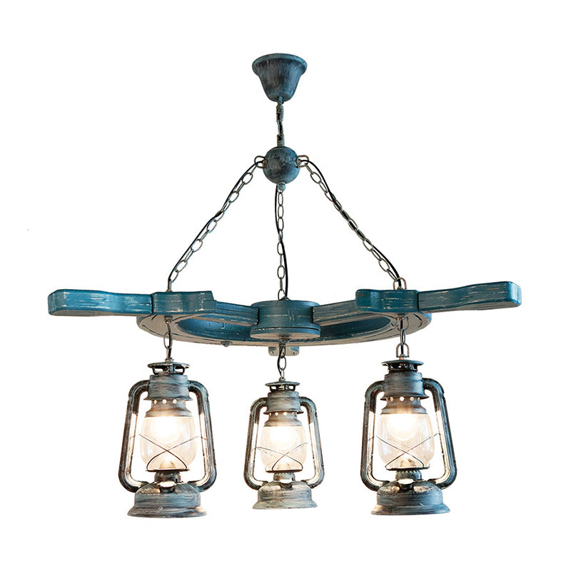 Industrial Blue Pendant Chandelier With Kerosene Clear Glass Shade - 3 Lights For Living Room