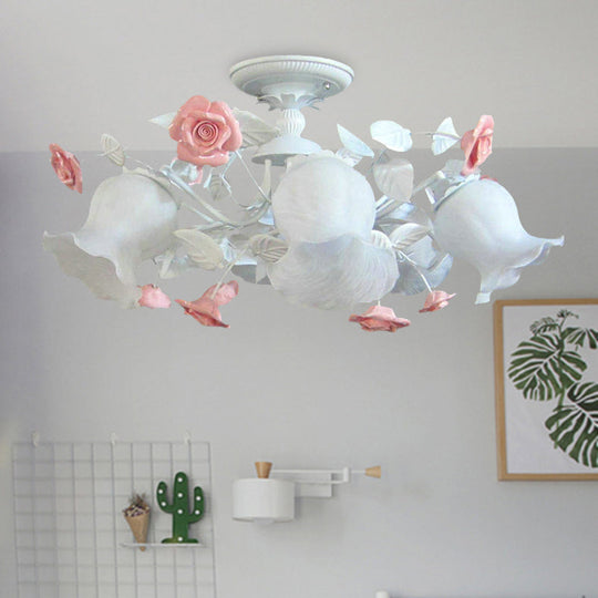 6 - Light Pink Lodge Bedroom Ceiling Fixture With Flower Glass Shade Semi - Flush Mount