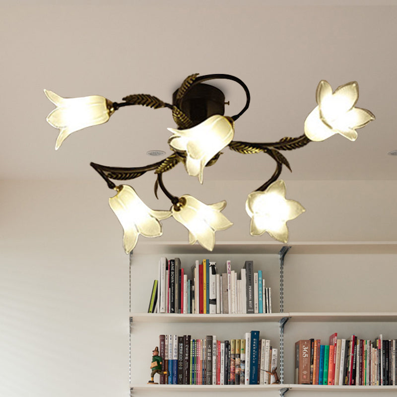 Lodge Flower Semi Flush Mount Ceiling Light - 6 - Light White/Yellow/Purple Glass Lamp For Bedroom