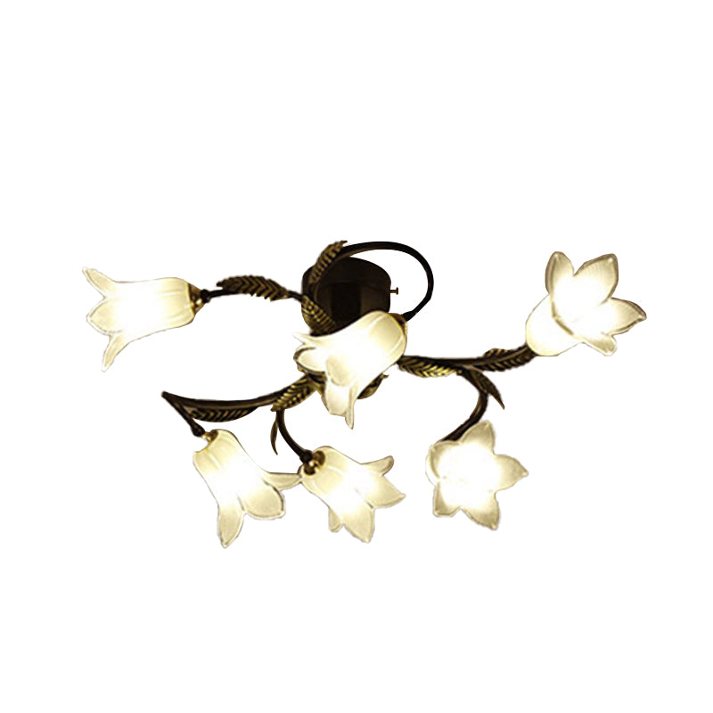 Lodge Flower Semi Flush Mount Ceiling Light - 6 - Light White/Yellow/Purple Glass Lamp For Bedroom
