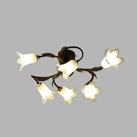Lodge Flower Semi Flush Mount Ceiling Light - 6-Light White/Yellow/Purple Glass Lamp For Bedroom