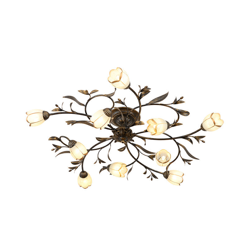 Rustic Brass Blossom Opal Glass Semi - Flush Mount Ceiling Light For Dining Room