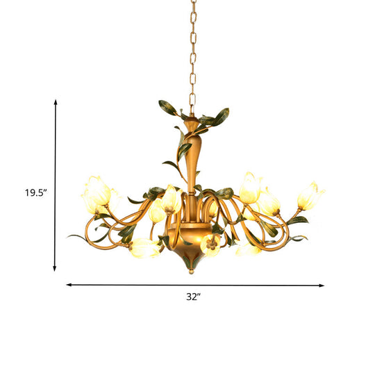 Frosted Glass Brass Chandelier - Floral 15-Light Pendant For Bedroom