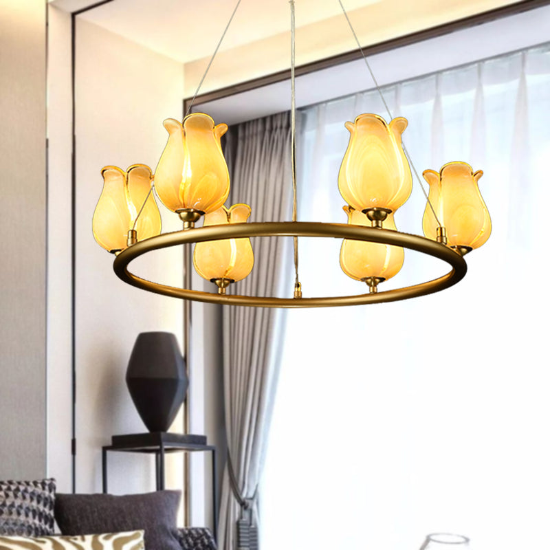 Traditional 6-Light Wagon Wheel Led Chandelier With Glass Shades Yellow