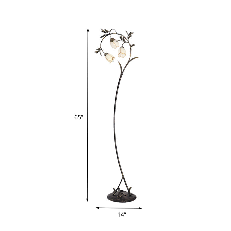 Vintage Brass Floor Lamp With Rustic Milky Glass Blossom Design - 3 Lights For Living Room