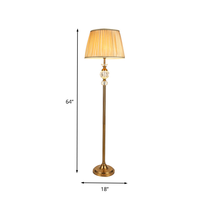 Lodge Tapered Standing Lamp: Beige Fabric Floor Light With Crystal Accent - Ideal For Living Room