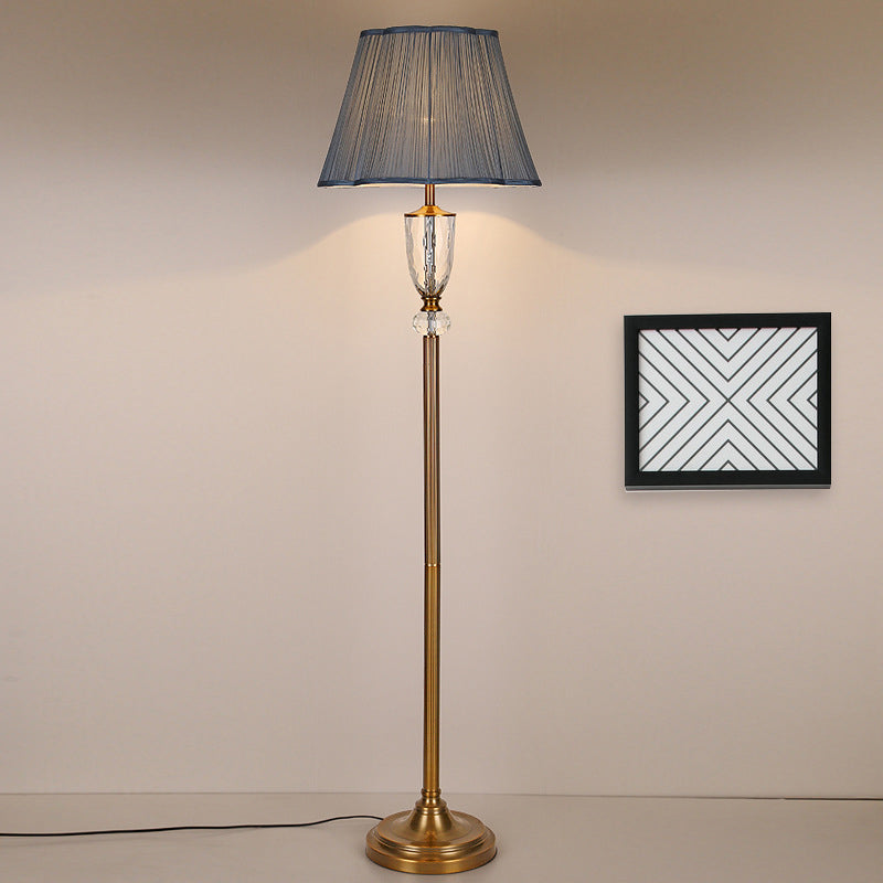 Simple Blue Fabric Barrel Floor Lamp With Crystal Deco - Perfect Stand Up Light For Living Room