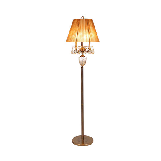 Beige Traditional Fabric Standing Floor Lamp With 3 Lights Tapered Shade And Dangling Crystal