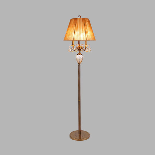 Beige Traditional Fabric Standing Floor Lamp With 3 Lights Tapered Shade And Dangling Crystal