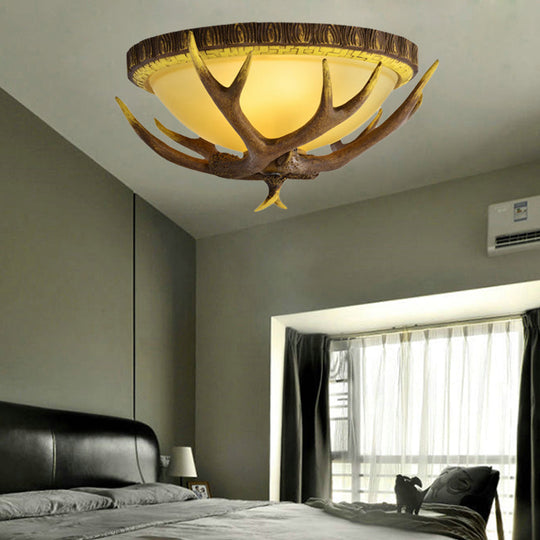 Traditional Bamboo Dome Flush Mount Lighting - Brown 3 Lights Ceiling Fixture