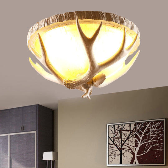 Traditional Resin 3-Light Brown Ceiling Light Fixture With Antler Deco - Dome Shaped Flush Mount For