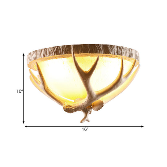 Traditional Resin 3-Light Brown Ceiling Light Fixture With Antler Deco - Dome Shaped Flush Mount For