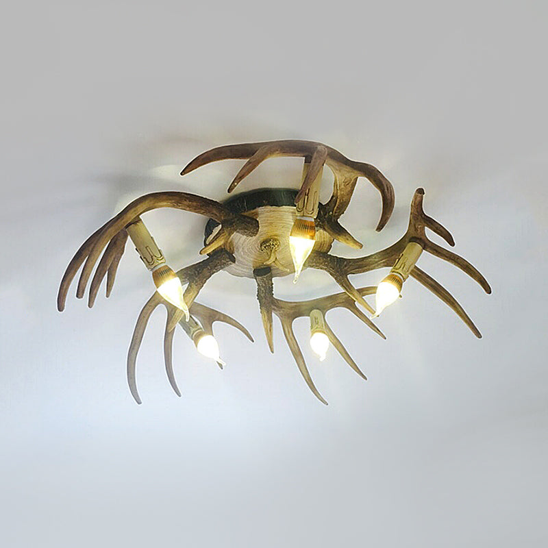 Antler Shape 5 - Bulb Resin Flush Mount Ceiling Lamp - Brown Semi Traditional Lighting