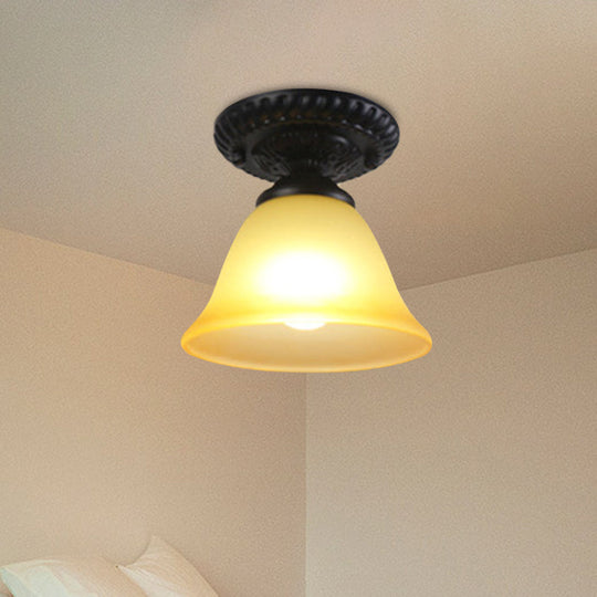 Traditional White/Amber Glass Flush Mount Ceiling Lamp For Living Room With 1 Light Cone Amber