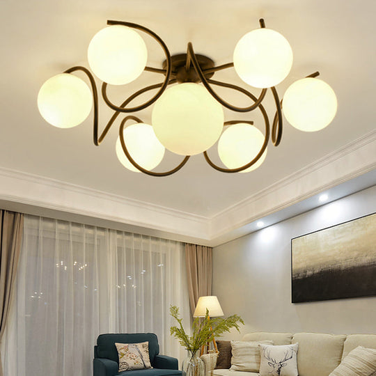 Orb Opal Glass Semi Flush Light - Traditional Black/White 4/7 Lights Living Room Ceiling Lighting