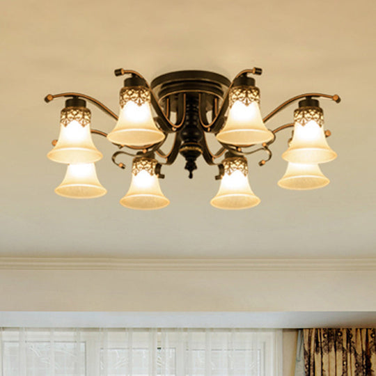 Black Bell Semi Flush Mount Ceiling Light Fixture - Classic Frosted Glass 3/6/8 Lights For Living