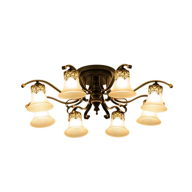 Black Bell Semi Flush Mount Ceiling Light Fixture - Classic Frosted Glass 3/6/8 Lights For Living