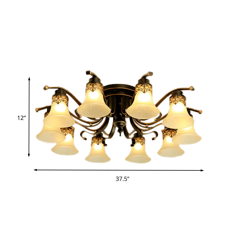 Black Bell Semi Flush Mount Ceiling Light Fixture - Classic Frosted Glass 3/6/8 Lights For Living