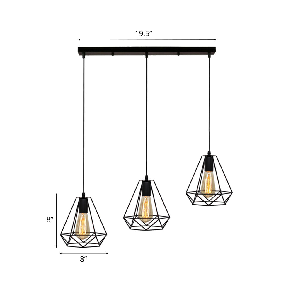 Vintage Industrial Metal Teardrop Cage Pendant Light With 3 Lights For Living Room - Black