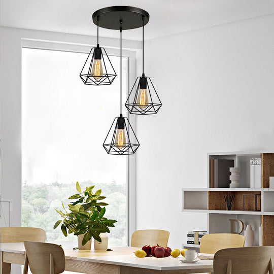 Vintage Industrial Metal Teardrop Cage Pendant Light With 3 Lights For Living Room - Black / Round