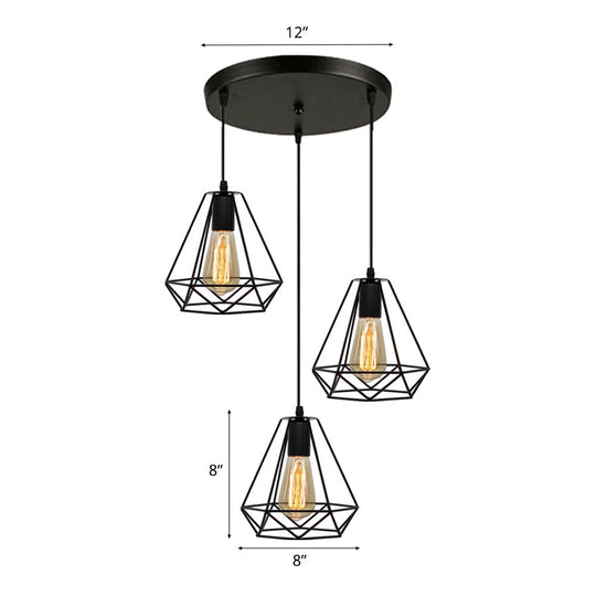 Vintage Industrial Metal Teardrop Cage Pendant Light With 3 Lights For Living Room - Black