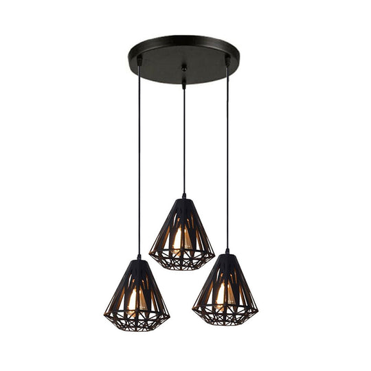 Stylish Wire Cage Suspension Light With Diamond Shade - Loft 3-Head Metal Ceiling Fixture