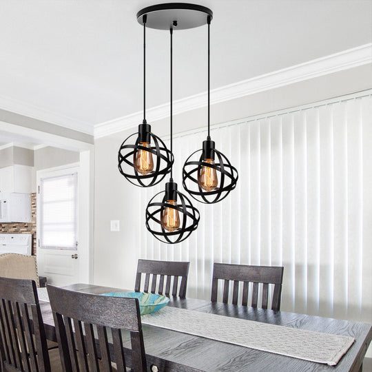 Spherical Pendant Light Fixture - Industrial Black Metal Hanging With Wire Guard Ideal For Dining