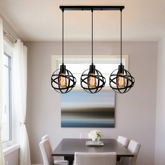 Spherical Pendant Light Fixture: Industrial Black Metal With Wire Guard - Perfect For Dining Room