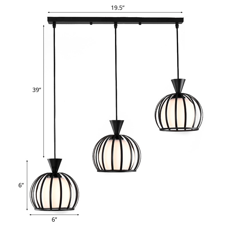 Metal Dome Cage Pendant With Milk Glass Shade - Retro Style 3-Bulb Hanging Light Indoor Black/White