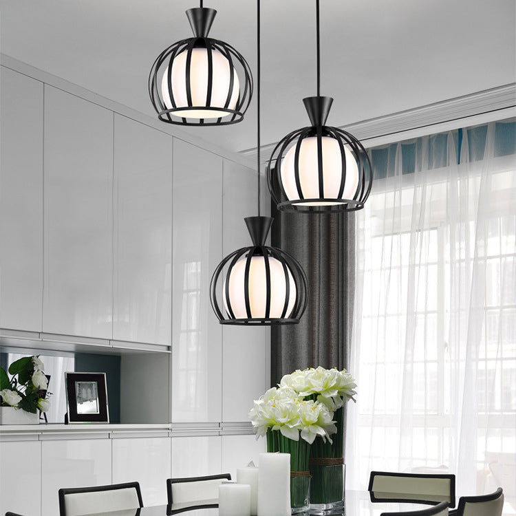Metal Dome Cage Pendant With Milk Glass Shade - Retro Style 3-Bulb Hanging Light Indoor Black/White