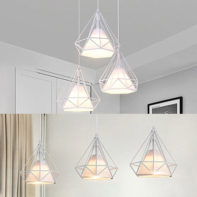 Modern Diamond Cage Pendant Light With 3 Lights - White Metal And Fabric Hanging Lamp