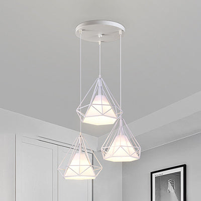 Modern White Metal And Fabric Diamond Cage Pendant Light With 3 Lights - Hanging Lamp / Round