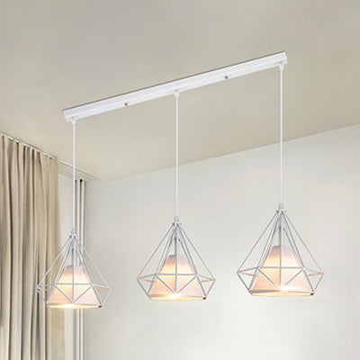 Modern White Metal And Fabric Diamond Cage Pendant Light With 3 Lights - Hanging Lamp / Linear