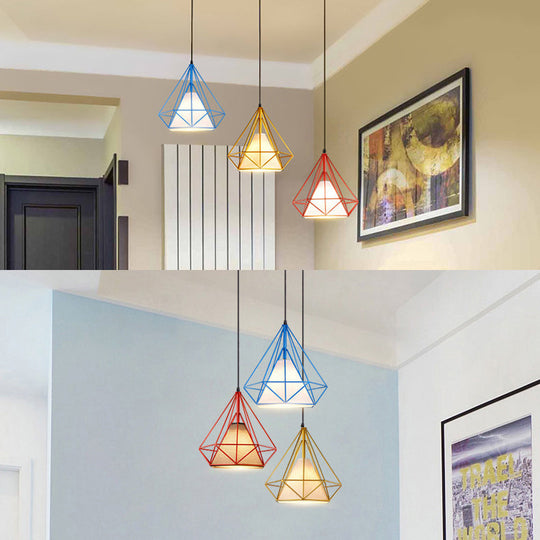 Industrial Style Caged Hanging Light With Multi-Color Metal And Fabric 3 Lights Pendant Lighting -