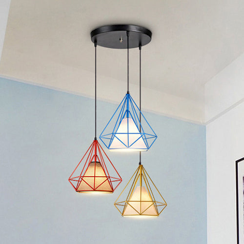 Industrial Style Caged Hanging Light With Multi-Color Metal And Fabric 3 Lights Pendant Lighting -