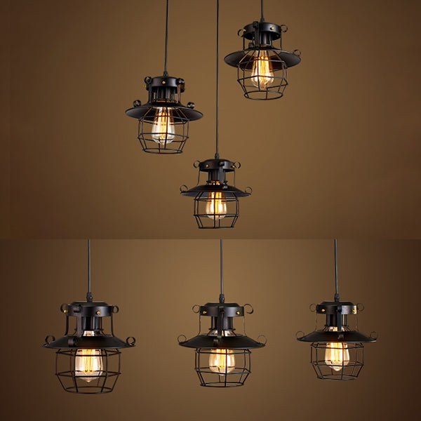 Vintage Industrial Pendant Light With Dome Cage Shade - 3-Light Hanging Lamp Black Finish