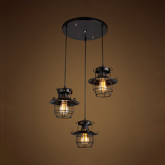 Vintage Industrial Pendant Light With Dome Cage Shade - 3-Light Hanging Lamp Black Finish / Round