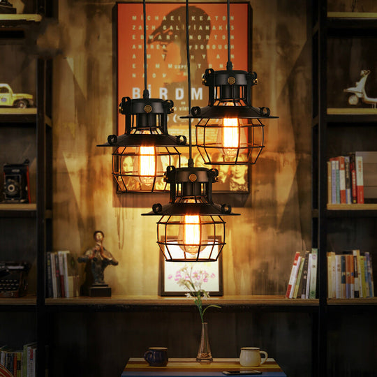 Vintage Industrial Pendant Light With Dome Cage Shade - 3-Light Hanging Lamp Black Finish