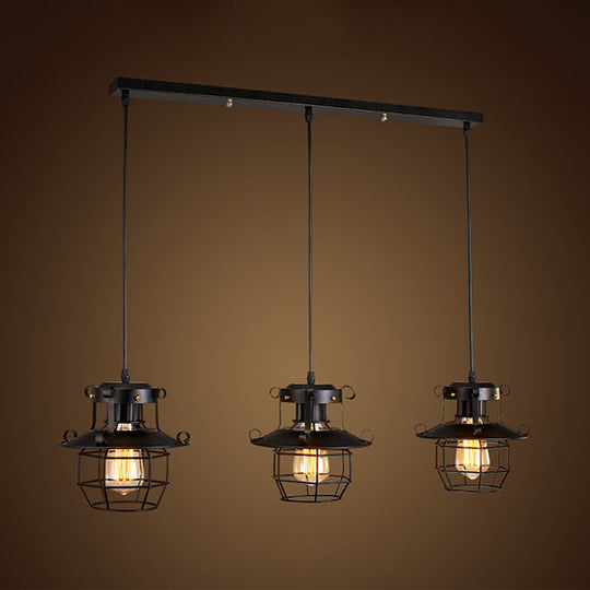 Vintage Industrial Black Metal Pendant Light With Dome Cage Shade And 3 Hanging Lights / Linear