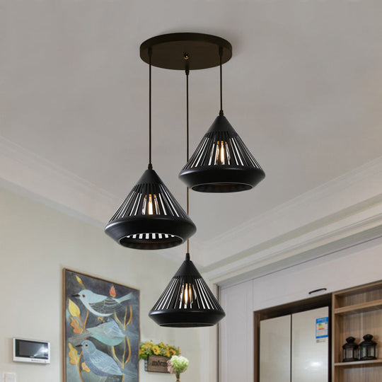 Modern Black Conical Pendant Light With 3 Suspension Lights For Dining Room / Round