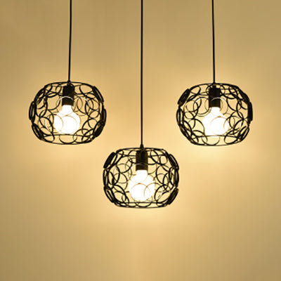 Retro Drum Shade Pendant Lamp With Metal Suspension And Wire Frame In Black - 3 Bulbs Circles