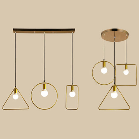 Retro Style Canopy Pendant Light With Frame Shades - Gold Metal Suspended Lamp (3 Lights)