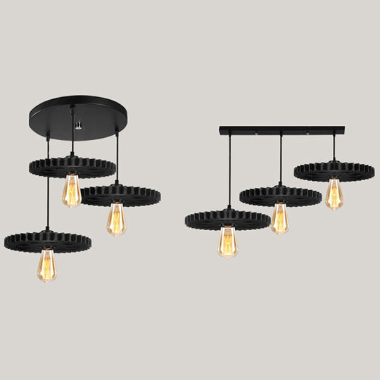 Black Industrial Style Metal Pendant Light With Open Bulb And Gear Decoration