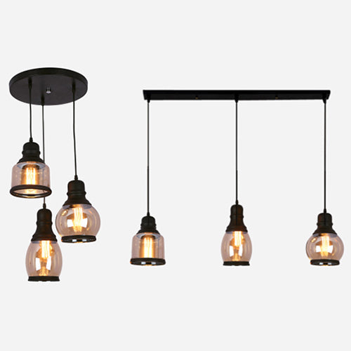 Industrial Multi-Pendant Ceiling Light With Amber Glass Shades For Coffee Shops